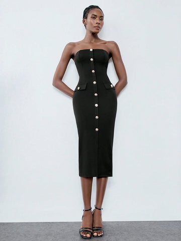 Black Metal Buckle Decor Cinched Waist Women's Slip Dress