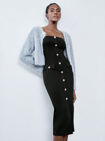 Black Metal Buckle Decor Cinched Waist Women's Slip Dress