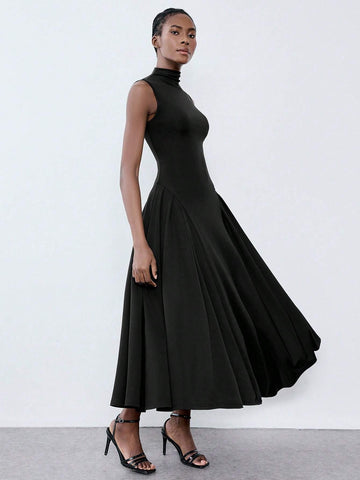 Black Sleeveless Waist-Cinched Flared Elegant Dress For Women