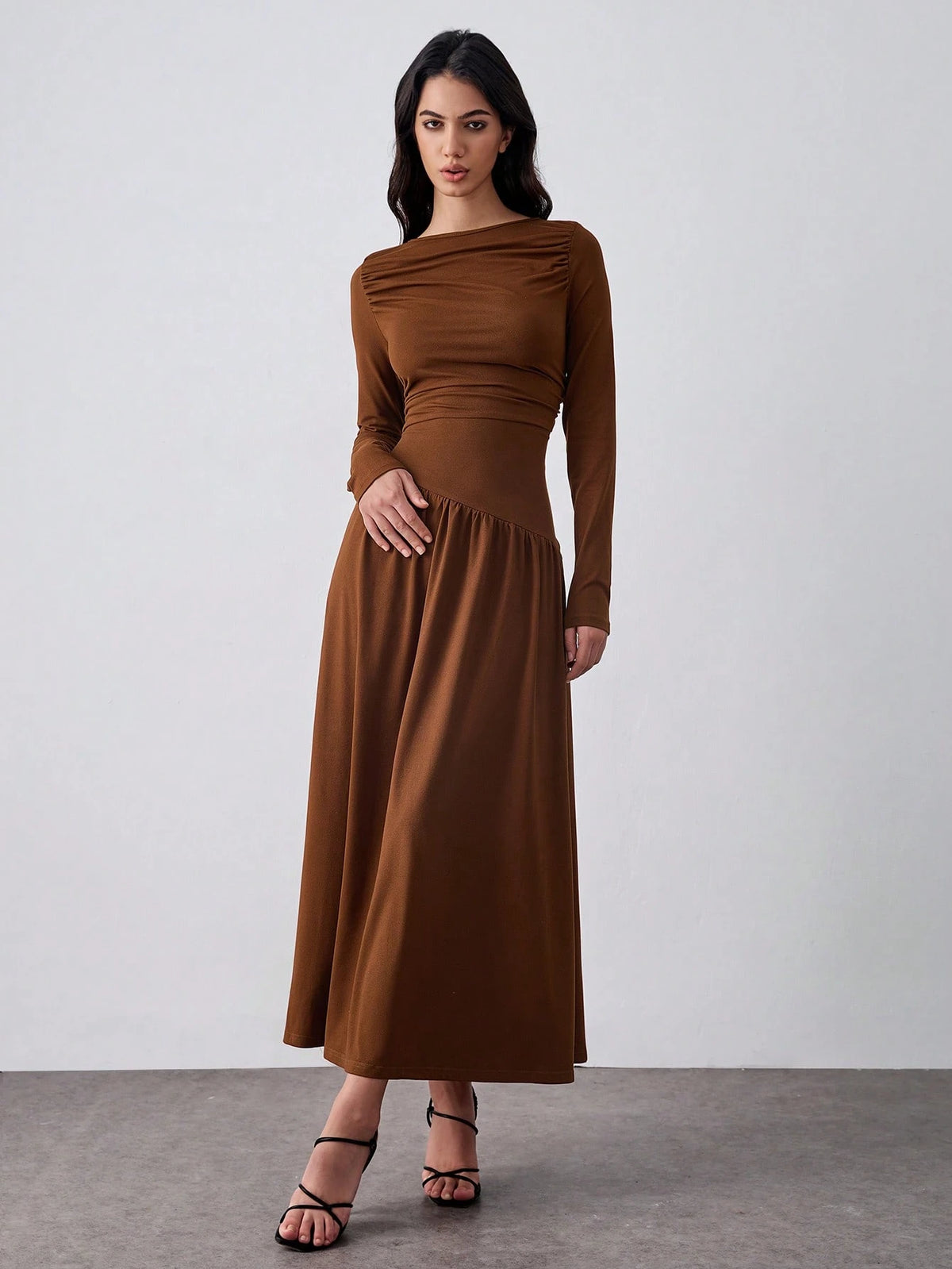 Coffee-Color Knitted Elastic Waist Bodycon Dress, Pleated Design Dress, A-Line Midi Dress