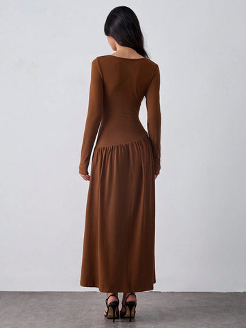 Coffee-Color Knitted Elastic Waist Bodycon Dress, Pleated Design Dress, A-Line Midi Dress