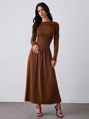 Coffee-Color Knitted Elastic Waist Bodycon Dress, Pleated Design Dress, A-Line Midi Dress