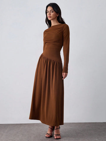 Coffee-Color Knitted Elastic Waist Bodycon Dress, Pleated Design Dress, A-Line Midi Dress