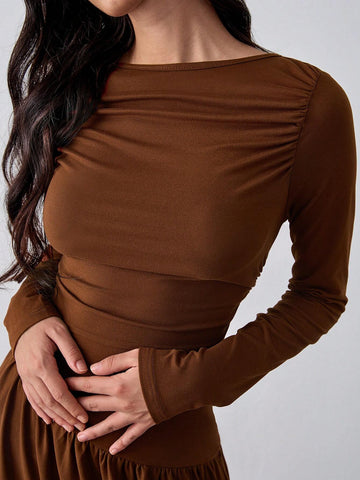 Coffee-Color Knitted Elastic Waist Bodycon Dress, Pleated Design Dress, A-Line Midi Dress