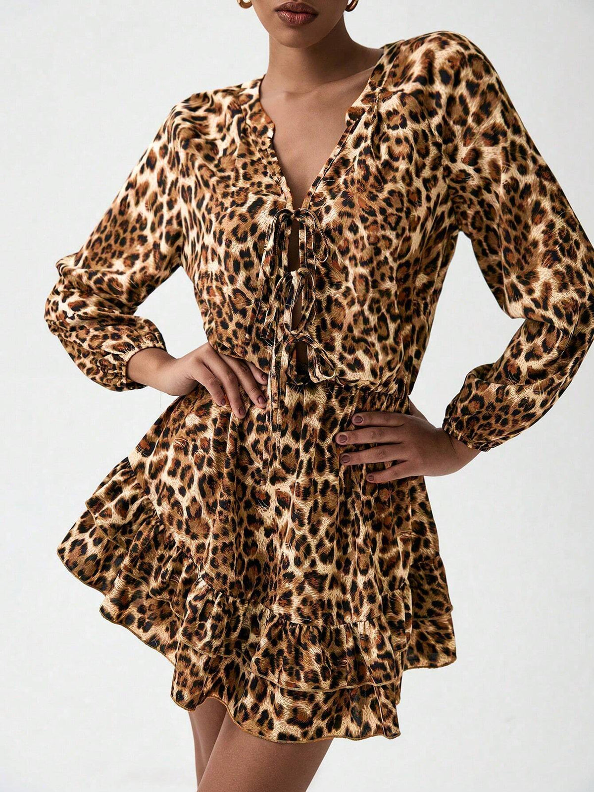 Leopard Print Long Sleeve V-Neck Bow Tie Decor Women Dress