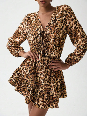 Leopard Print Long Sleeve V-Neck Bow Tie Decor Women Dress