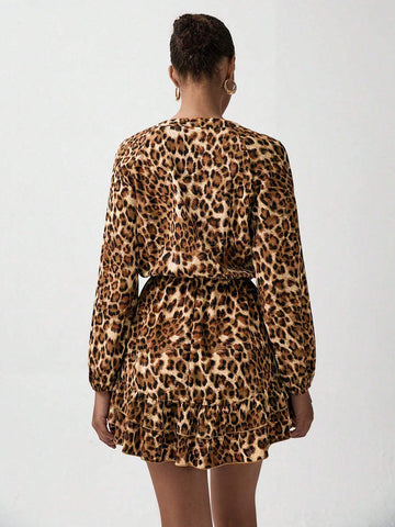 Leopard Print Long Sleeve V-Neck Bow Tie Decor Women Dress