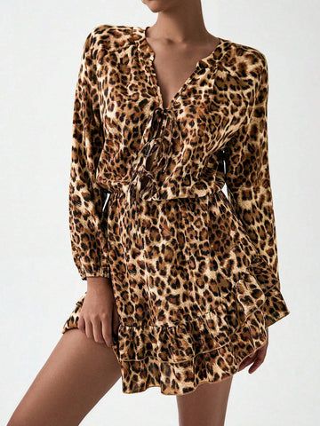 Leopard Print Long Sleeve V-Neck Bow Tie Decor Women Dress
