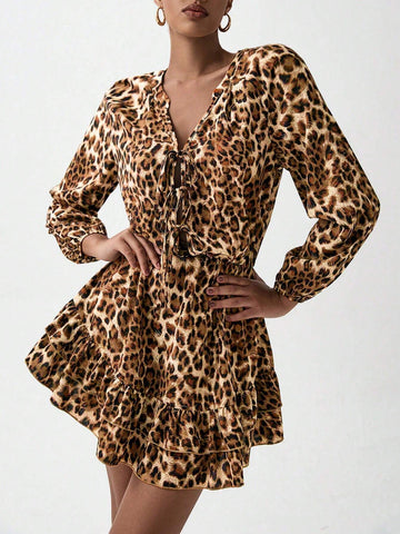 Leopard Print Long Sleeve V-Neck Bow Tie Decor Women Dress