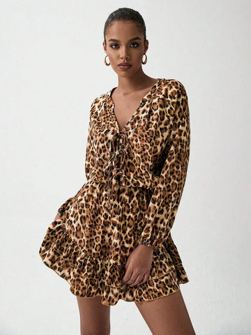 Leopard Print Long Sleeve V-Neck Bow Tie Decor Women Dress