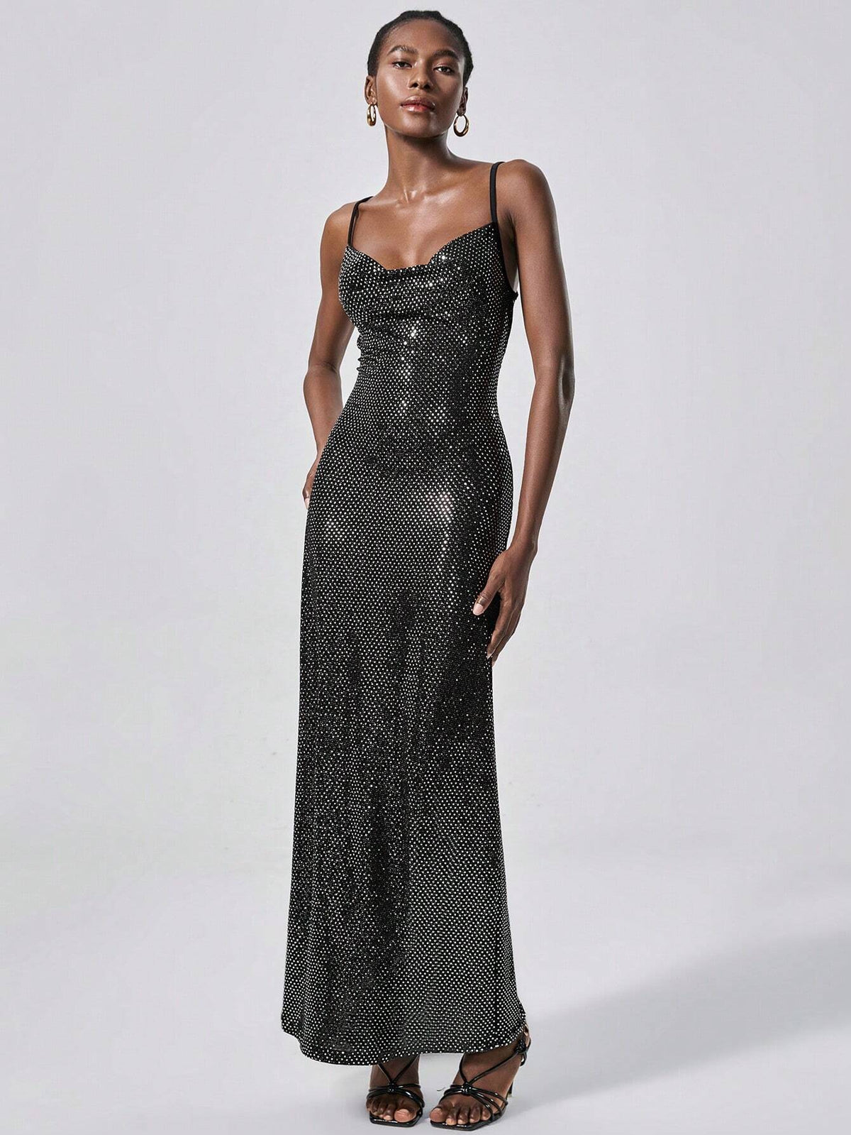 Stretchy Sequin Fabric Solid Color Spaghetti Strap Ruched Collar Backless Fitted Dress,