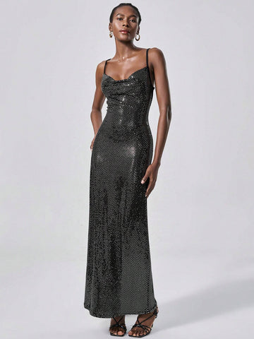 Stretchy Sequin Fabric Solid Color Spaghetti Strap Ruched Collar Backless Fitted Dress,