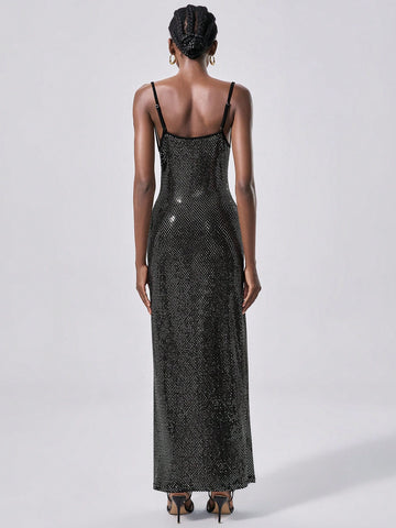 Stretchy Sequin Fabric Solid Color Spaghetti Strap Ruched Collar Backless Fitted Dress,