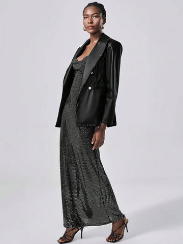 Stretchy Sequin Fabric Solid Color Spaghetti Strap Ruched Collar Backless Fitted Dress,