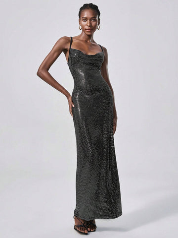 Stretchy Sequin Fabric Solid Color Spaghetti Strap Ruched Collar Backless Fitted Dress,