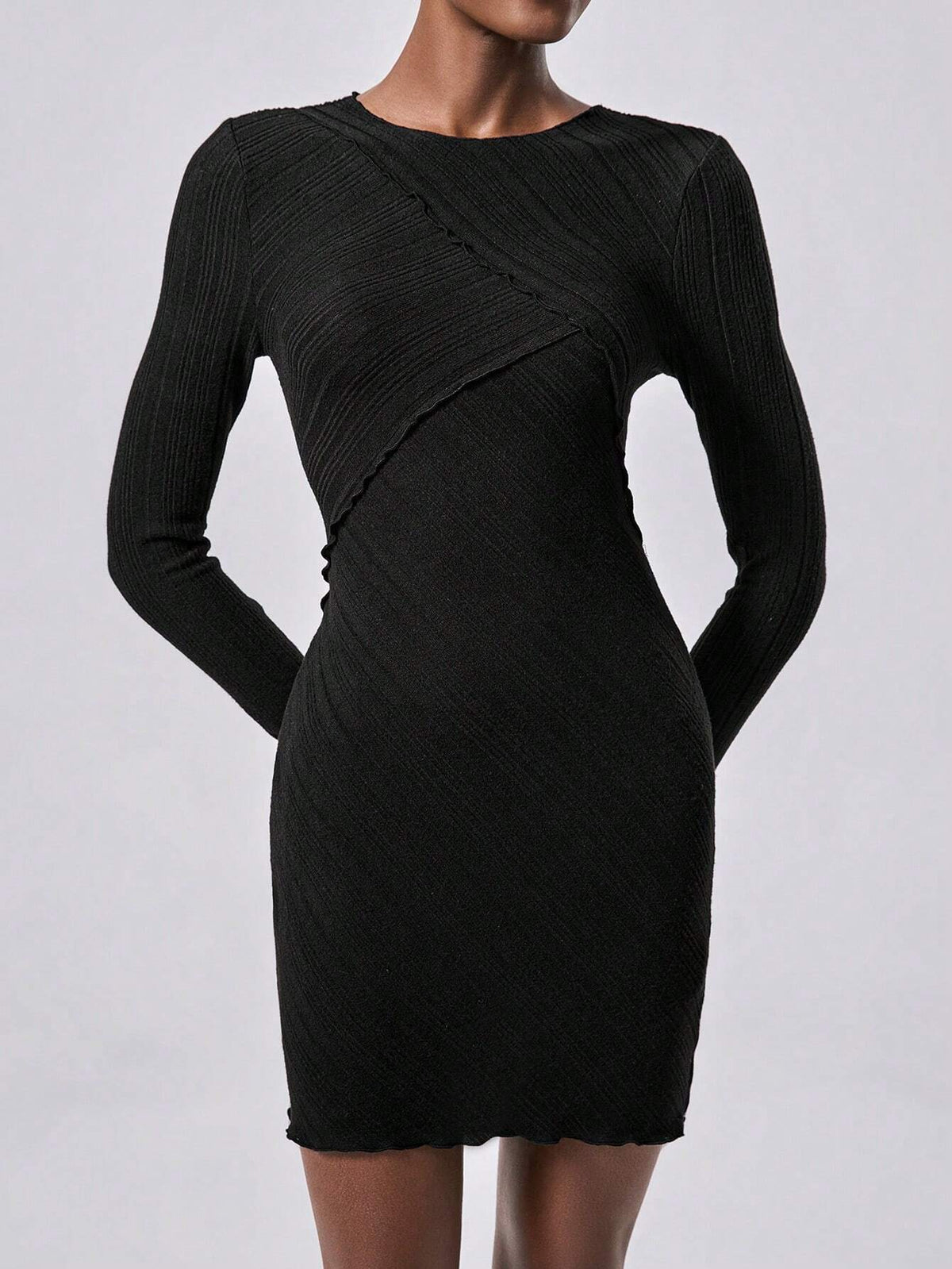 Women Casual Commuter Ribbed Knit Dress, Soft Brushed Ribbed Fabric, Long Sleeve, Split Detail, White Color