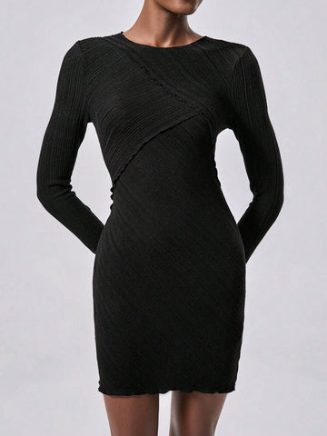 Women Casual Commuter Ribbed Knit Dress, Soft Brushed Ribbed Fabric, Long Sleeve, Split Detail, White Color