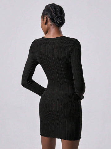 Women Casual Commuter Ribbed Knit Dress, Soft Brushed Ribbed Fabric, Long Sleeve, Split Detail, White Color