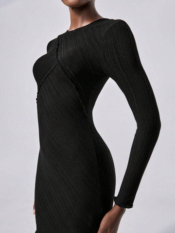 Women Casual Commuter Ribbed Knit Dress, Soft Brushed Ribbed Fabric, Long Sleeve, Split Detail, White Color