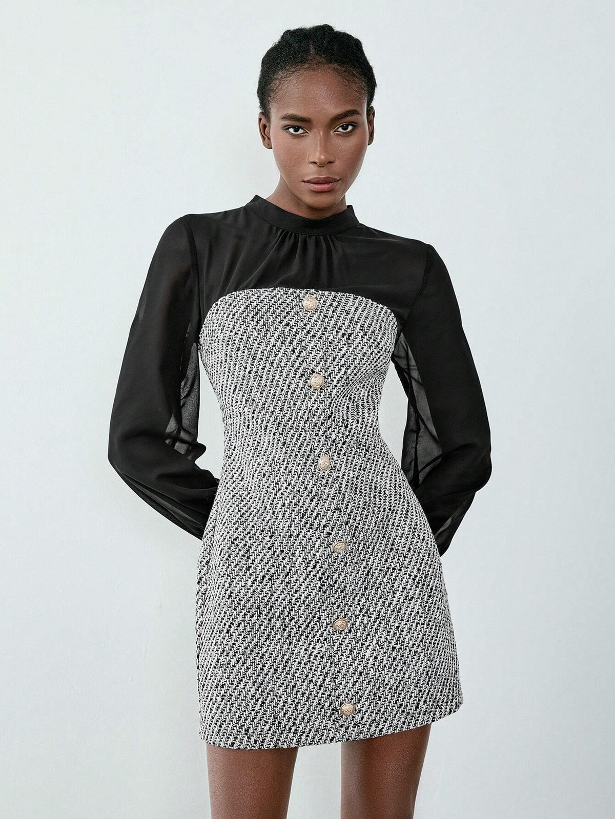 Women's Elegant Button Decor Chiffon Patchwork Lantern Sleeve Dress For Autumn