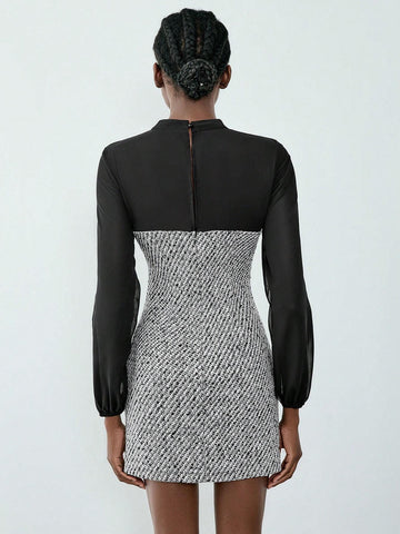 Women's Elegant Button Decor Chiffon Patchwork Lantern Sleeve Dress For Autumn