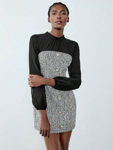 Women's Elegant Button Decor Chiffon Patchwork Lantern Sleeve Dress For Autumn