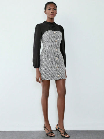 Women's Elegant Button Decor Chiffon Patchwork Lantern Sleeve Dress For Autumn