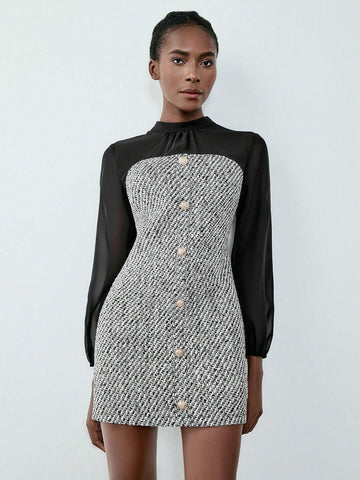 Women's Elegant Button Decor Chiffon Patchwork Lantern Sleeve Dress For Autumn