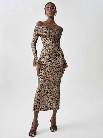 Women's Leopard Print Off Shoulder Cut-Out Back Long Sleeve Dress (Prints Inconsistent)