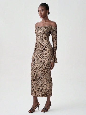 Women's Leopard Print Off Shoulder Cut-Out Back Long Sleeve Dress (Prints Inconsistent)