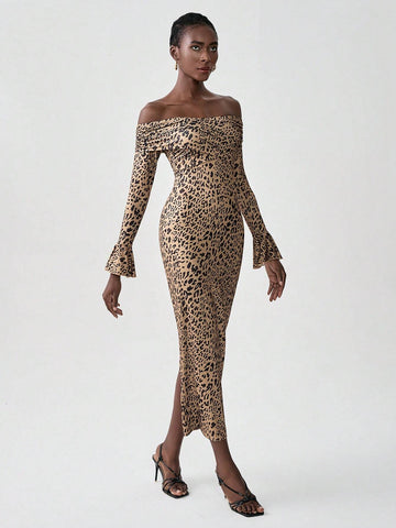 Women's Leopard Print Off Shoulder Cut-Out Back Long Sleeve Dress (Prints Inconsistent)