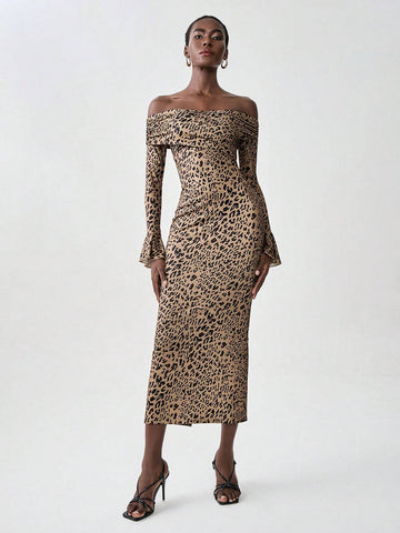Women's Leopard Print Off Shoulder Cut-Out Back Long Sleeve Dress (Prints Inconsistent)