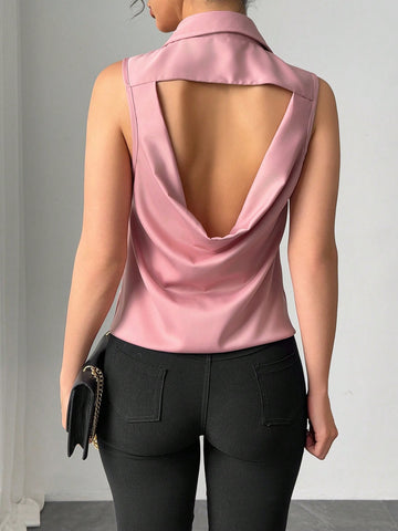 Lunessa Elegant French Style Backless Draped Sleeveless Blouse
