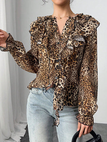 Fashionable Notch Collar Ruffle Trimmed Leopard Print Blouse