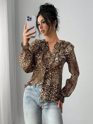Fashionable Notch Collar Ruffle Trimmed Leopard Print Blouse