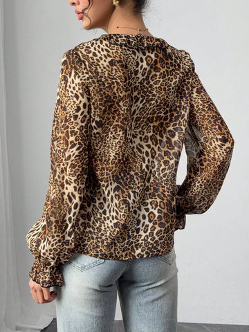 Fashionable Notch Collar Ruffle Trimmed Leopard Print Blouse