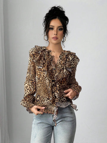 Fashionable Notch Collar Ruffle Trimmed Leopard Print Blouse