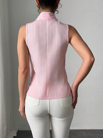 Lunessa Valentine's Day Romantic Pink Striped Sleeveless Tie Bow Shirt