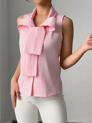 Lunessa Valentine's Day Romantic Pink Striped Sleeveless Tie Bow Shirt