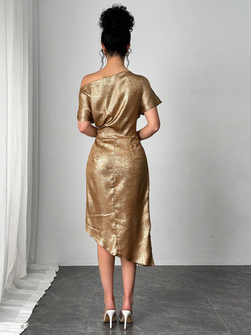 Women's Casual Elegant Asymmetric Hem Oblique Shoulder Short Sleeve Dress, Spring/Summer