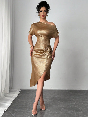 Women's Casual Elegant Asymmetric Hem Oblique Shoulder Short Sleeve Dress, Spring/Summer