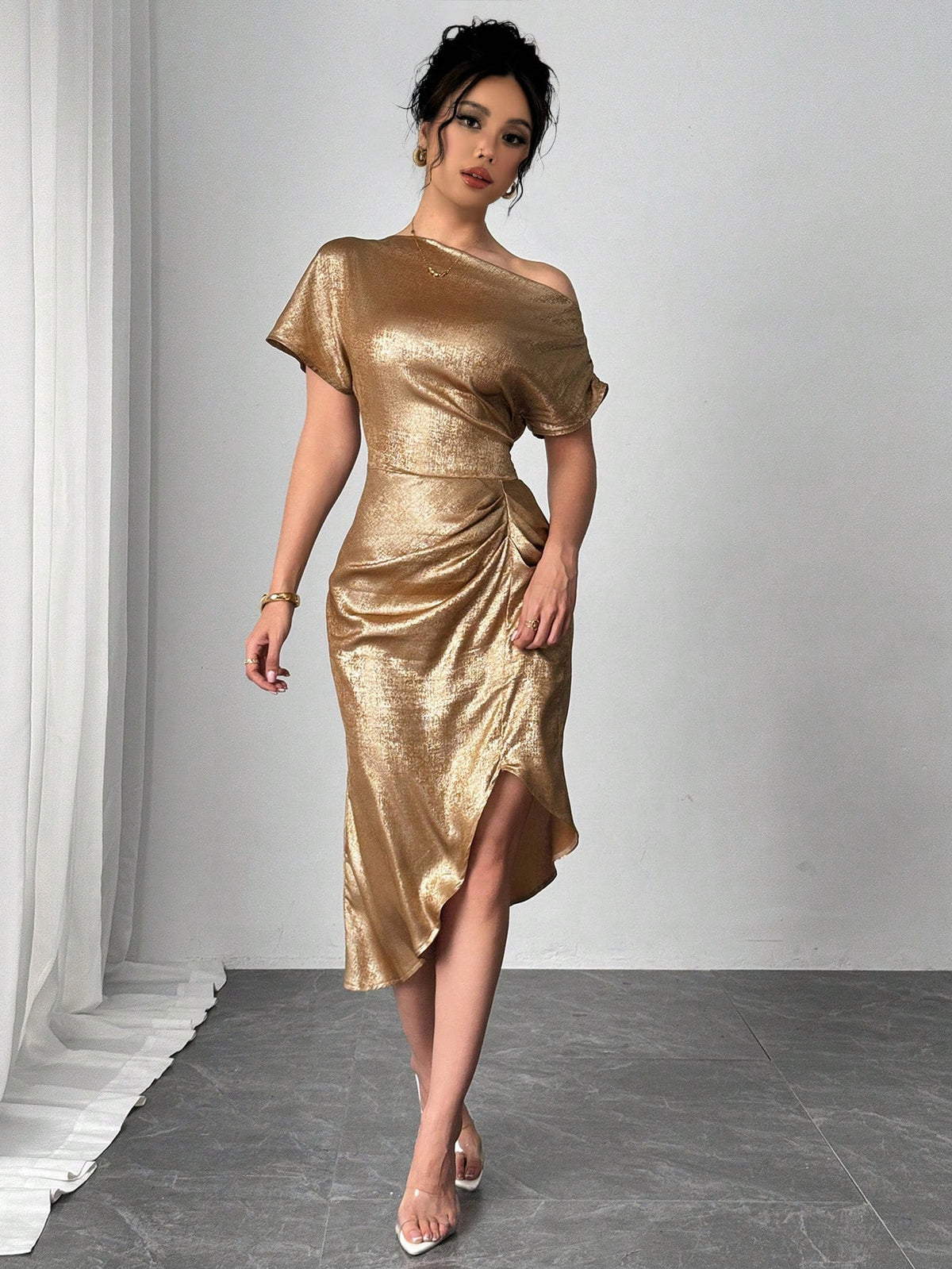 Women's Casual Elegant Asymmetric Hem Oblique Shoulder Short Sleeve Dress, Spring/Summer