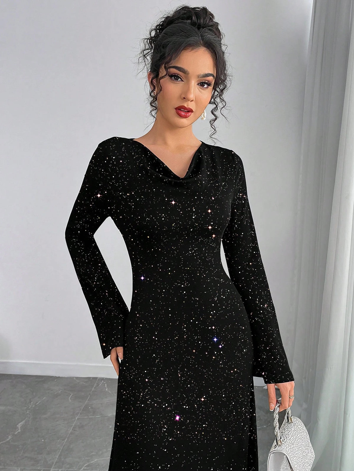 Women's Elegant Dress With Silver Foil Drape Collar