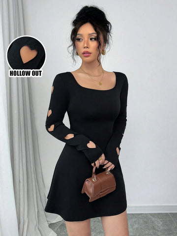 Women's New Fashion Square Neck A-Line Sleeve Heart Embroidered Hollow Heart Design Dress