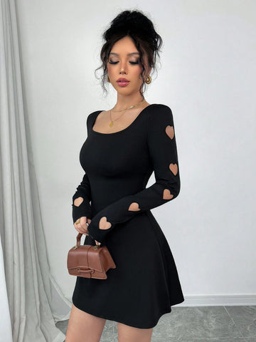 Women's New Fashion Square Neck A-Line Sleeve Heart Embroidered Hollow Heart Design Dress
