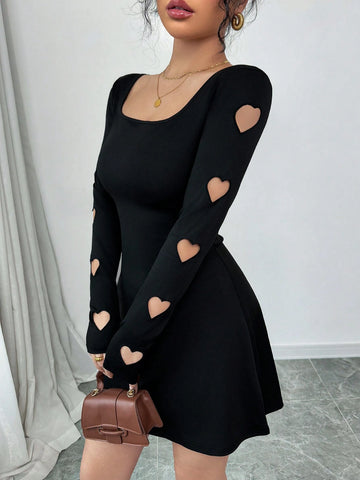 Women's New Fashion Square Neck A-Line Sleeve Heart Embroidered Hollow Heart Design Dress