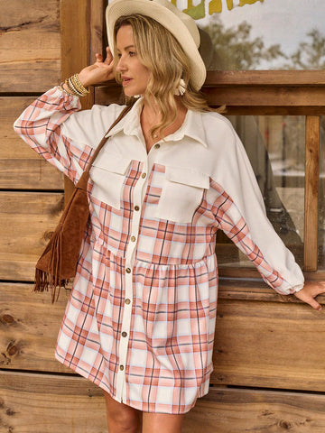 Women's Plaid Patchwork Pocket Button Decor Long Sleeve Casual Shirt Dress For Home &