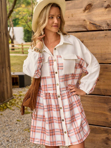 Women's Plaid Patchwork Pocket Button Decor Long Sleeve Casual Shirt Dress For Home &