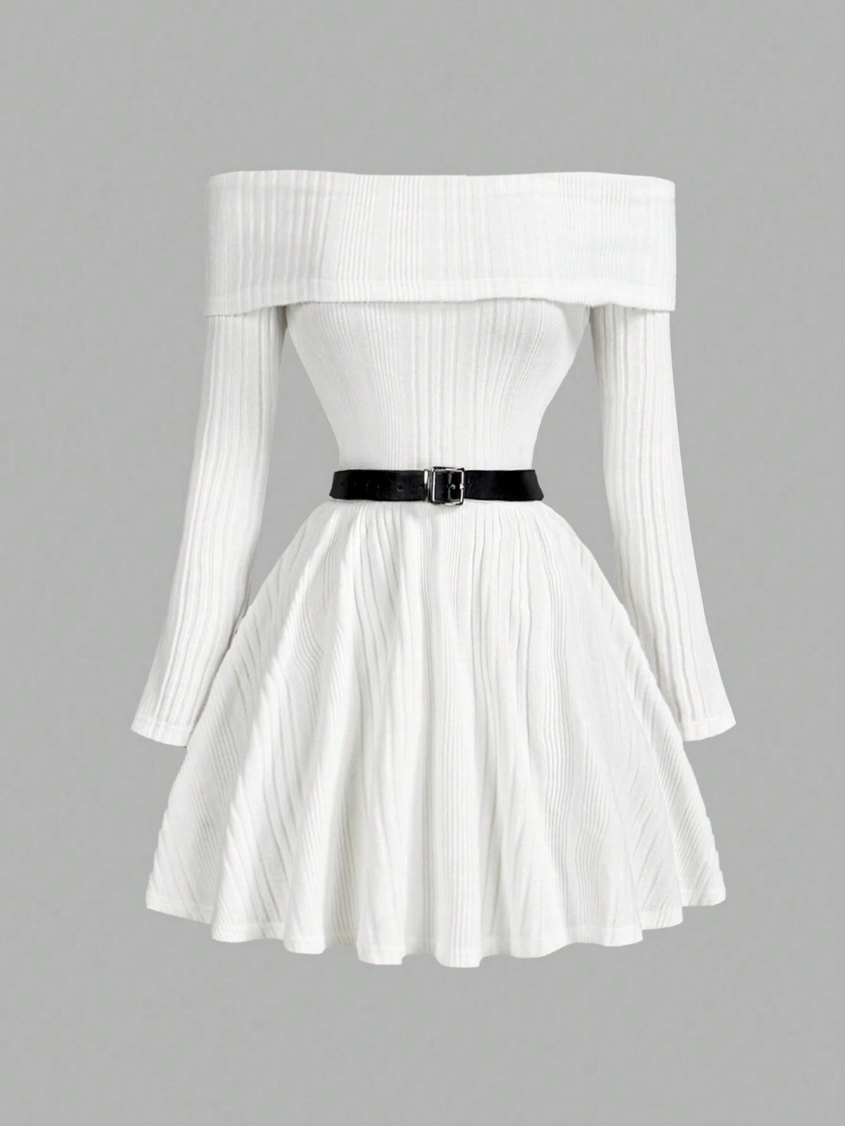 1pc Off-The-Shoulder Long Sleeve Cinched Waist Waist Flare Dress