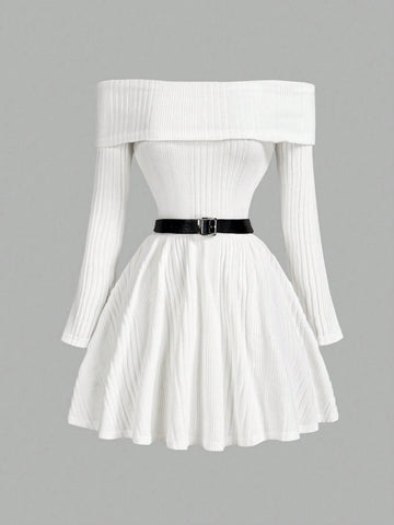 1pc Off-The-Shoulder Long Sleeve Cinched Waist Waist Flare Dress